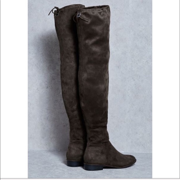 Dark Olive Over The Knee Tie Back Flat Boots - Picture 4 of 4